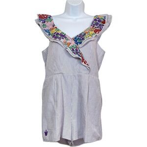 J Marie Embroidered Melissa Romper Playsuit Purple White Striped Womens Size M